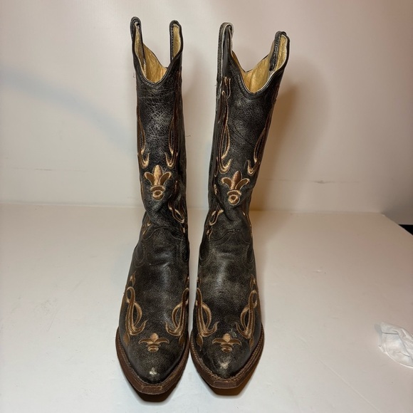Tanner Mark Women’s Cowboy Boots Fleur-De-Lis Embroidered Crackle Sz 8 Made USA - Picture 7 of 10